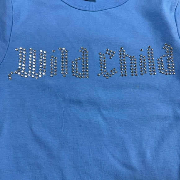Forever 21 Y2K Rhinestone Baby Tee Women’s Small Blue Wild Child Graphic Mcbling - Picture 7 of 7